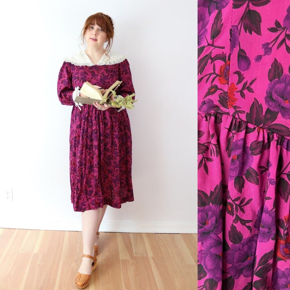 SIZE S/M Vintage 80s‎ Floral Regency Dress, Rayon Magenta Floral Midi Historic
